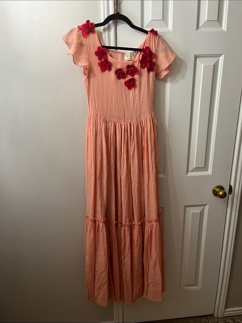 Joyfolie Peach Dress with Red Floral Appliqués